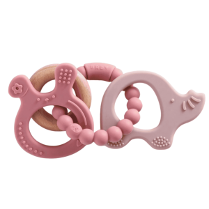 CuddleChew Silicone Animal Teething Bracelet – Pink Rabbit & Elephant